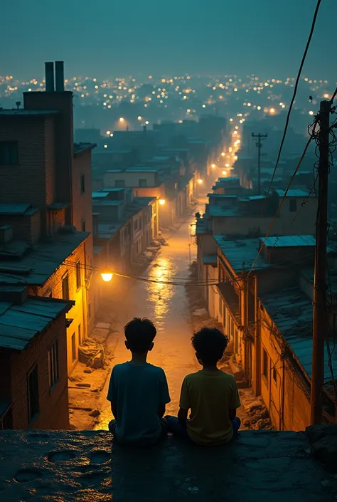 " Create a hyper-realistic night scene and cinematographic with the Brazilian favela as the protagonist . in the center of the image,  two boys are seated on a wall made of worn Bahian blocks ,  watching vast and vibrant favela in front .  The favela exten...