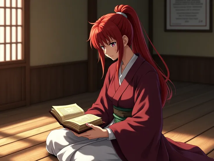 Photorealistic image of Himura Kenshin, a young adult **man**, from Rurouni Kenshin, full body, seated, reading an antique leather-bound book. Traditional Japanese setting: wooden floor, white hakama, dark red kimono, obi, long red hair in a ponytail, prom...