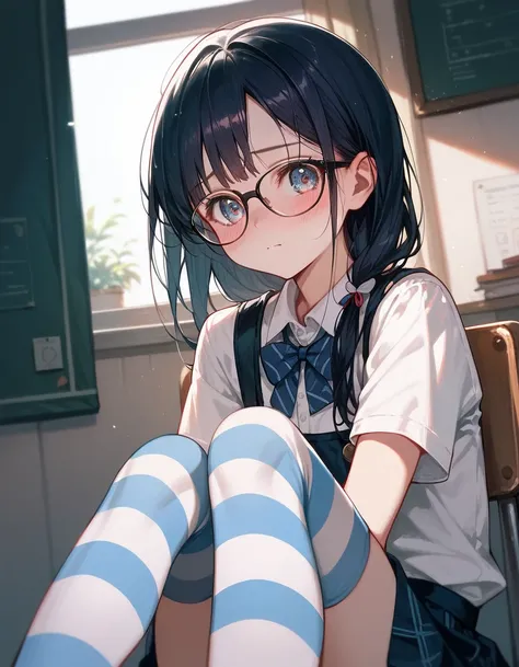 (Masterpiece), (best quality), (high quality), anime, school, 1girl, cute girl, shy, shaky mouth, detailed eyes, striped stockings, small glasses, detailed, best quality shadows, highest resolution, 4k