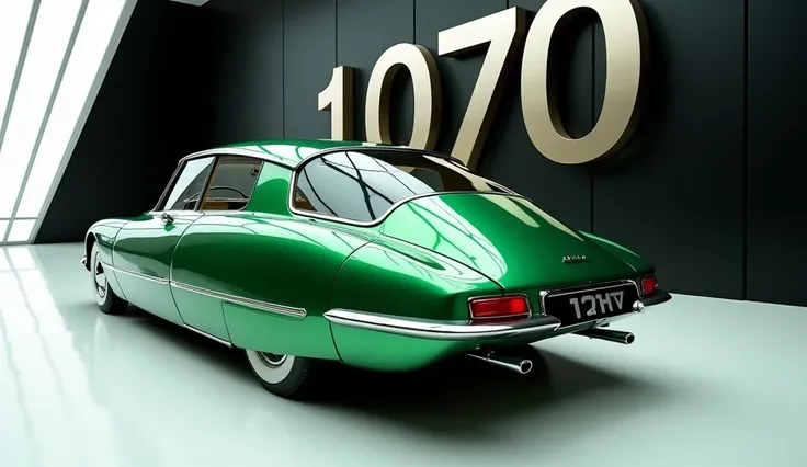 A mesmerizing futuristic scene of a 
Citroën DS21 Coupe 1970 model taking center stage in a luxurious white showroom. The brilliant Green exterior of the car reflects the light, accentuating its sleek, aerodynamic design and striking accents. The 1970 logo...