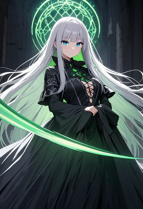 Extremely detailed CG, ultra high resolution, best quality, masterpiece, single woman, bright blue eyes, (beautiful detailed eyes: 1.4), silver hair, long hair, medium breast, wearing a seductive necromancer outfit, casting a spell with green tones inside ...