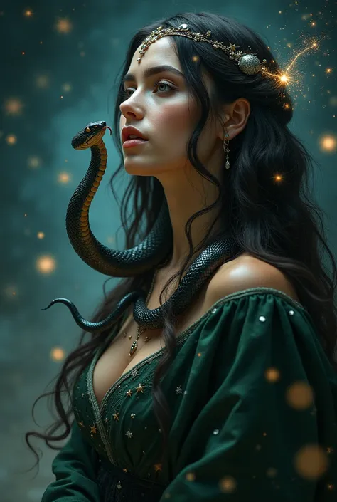  One stunning superrealistic depiction of a woman  ,  portrayed as a majestic and ethereal figure  .  She is surrounded by a starry night sky  , wearing long clothes ,  dark and green that fall from her shoulders ,  that remind you of the cosmos  ,  adorne...