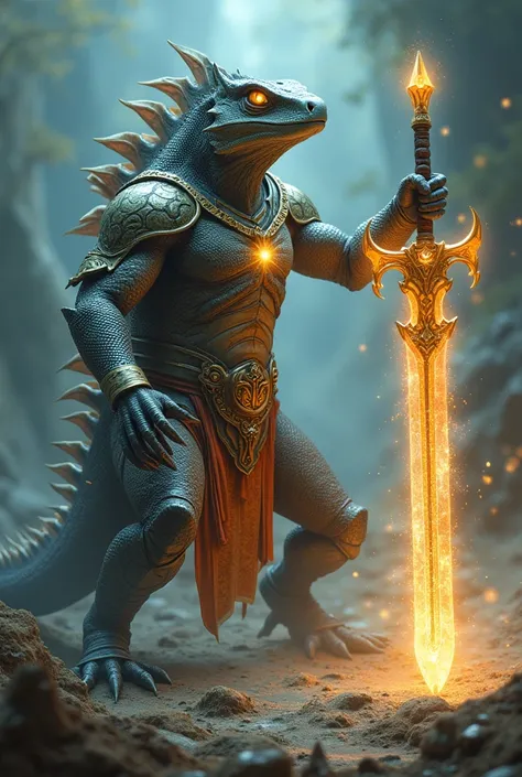  a lizard with a powerful and shiny armor ,  with a sword shrouded in the power of the lizard god, in a battle position 