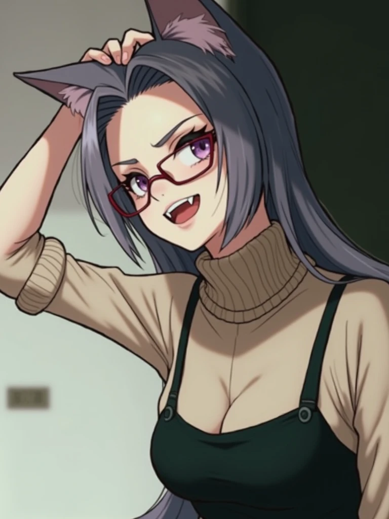 masterpiece, best quality, 1girl, ((looking at viewer)), lilac hair, purple eyes, long hair,  ahoge, sweater, sweater skirt, pantyhose, 163cm, hair between eyes, large breasts, adult, 33 years old, mature, glasses, solo, sole, smile, cat ears, cat tail, fa...