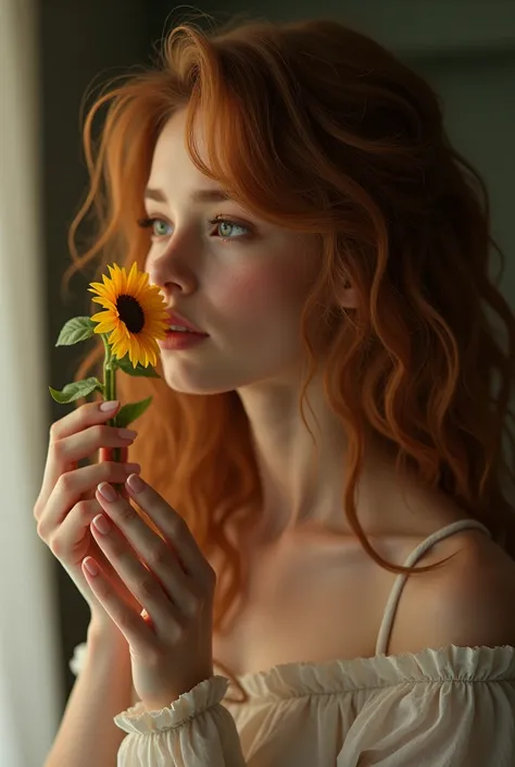 A wavy haired woman holding a mini sunflower looking at the reflection in the mirror 