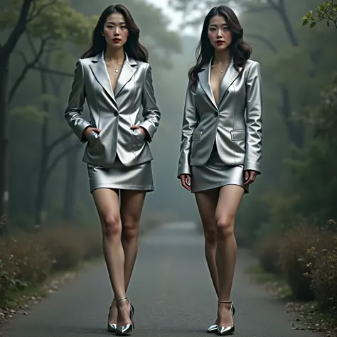 (Actual picture 1 .5), (( best quality)), ((masterpiece)), ( Detailed ) 2 women(silver outdoor suit ,22 years old,  Korean girl, ,Attention, Immovable posture ,Skirt office ,) ( full body 1 .9), ,. , Standing. Smile. Pure, Red lipstick