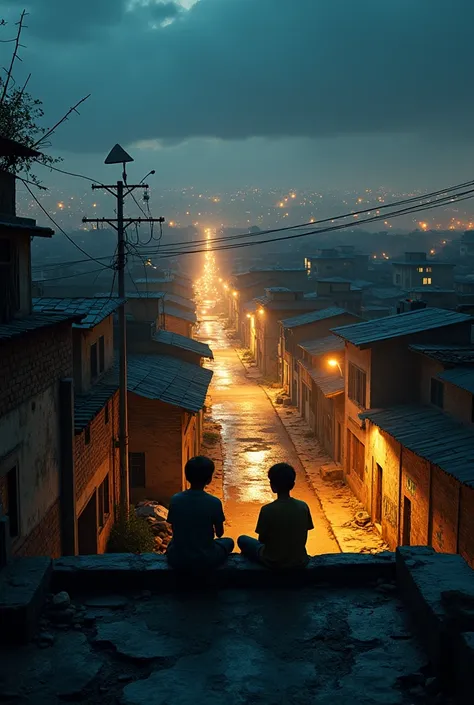 " Create a hyper-realistic night scene and cinematographic with the Brazilian favela as the protagonist . in the center of the image,  two boys are seated on a wall made of worn Bahian blocks ,  watching vast and vibrant favela in front .  The favela exten...