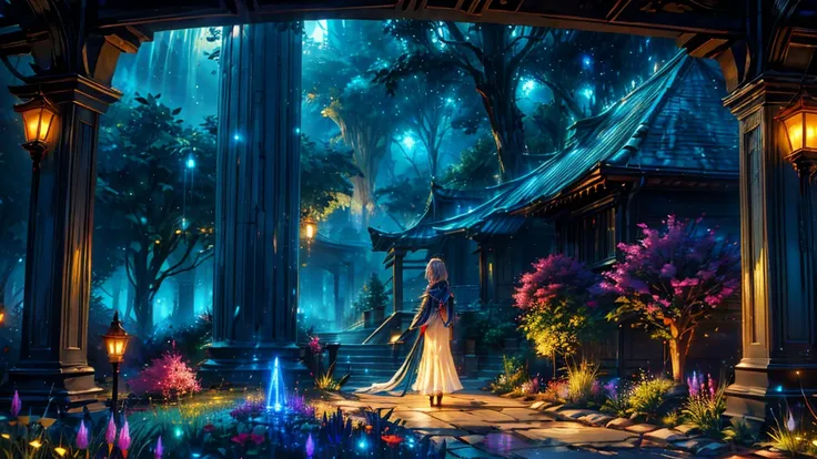 A stunning close-up of a girl standing at the edge of a radiant garden, looking toward a shadowy kingdom in the distance. The garden is filled with glowing plants and golden light, while the distant kingdom is shrouded in mist and faint dark energy. Her se...