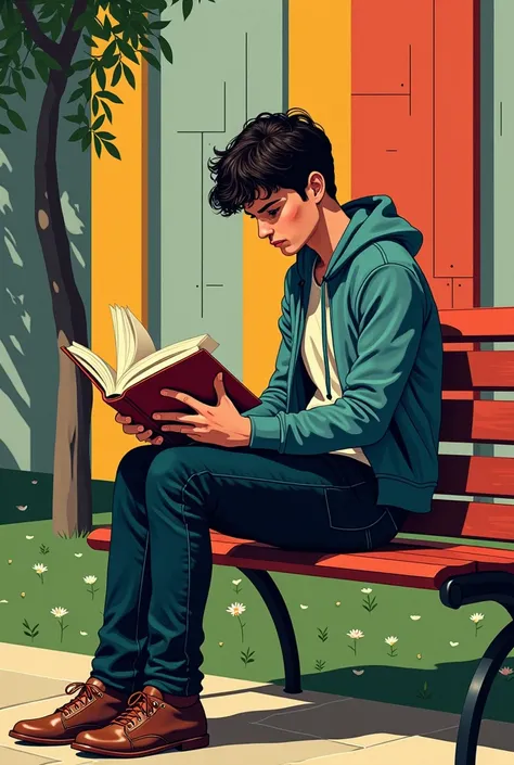  you have a young man sitting on a park bench reading a book. The image must be Cubism art type with a text that tells stories by Lord Cafecito 