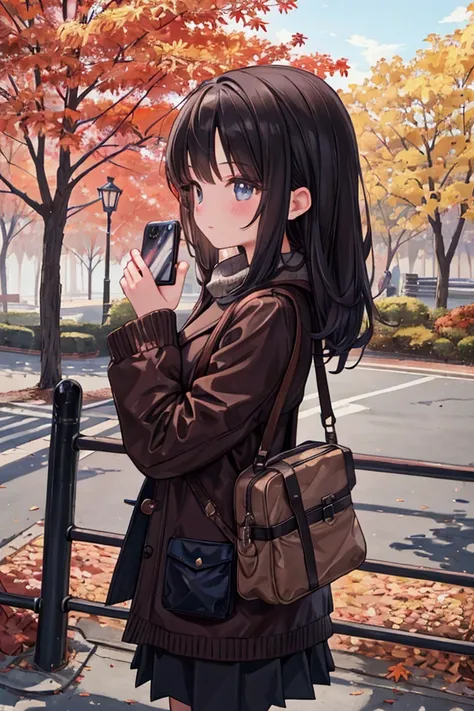 Girl taking pictures of autumn scenery with smartphone