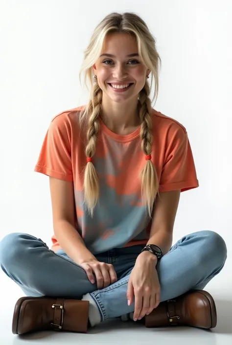 18 year old young woman smiling,  sitting on the floor ,  color t-shirt using a computer, boots,   Dyed blonde hair , Braided hair. Sexy T-shirt,  masterpiece, on one side,  photograph, realism, white background.Mirando al espectador, 