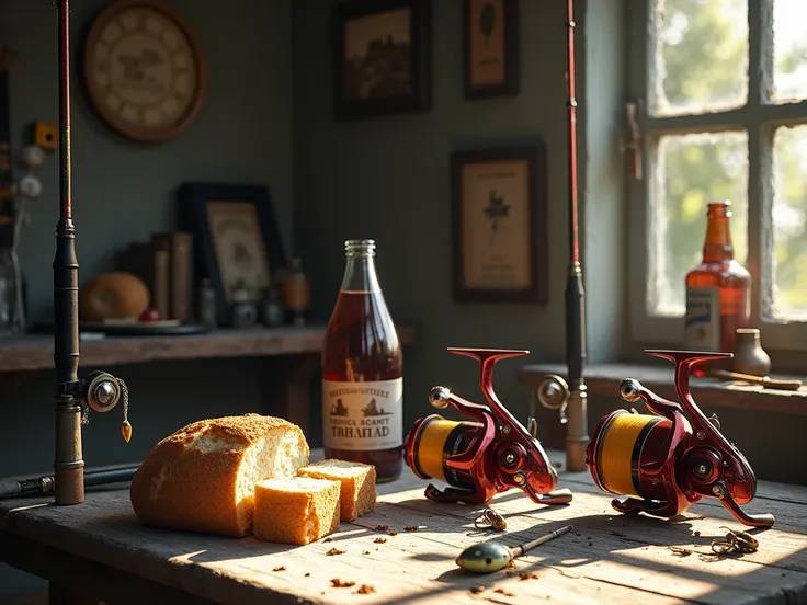  on a table are visible several sets of fishing equipment and also two rods.  there is also another full bottle and a book of bread . draw this fishing set from a close distance .