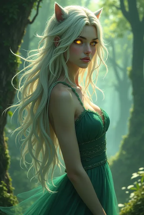 Generate a tall girl of about 1 . 63 centimeters with tiger skin and white hair and that at the end have dark green tips like the color of the eyes of a tree ,one gold-colored eye and the other light purple ... the drawing should be animated like the novel...