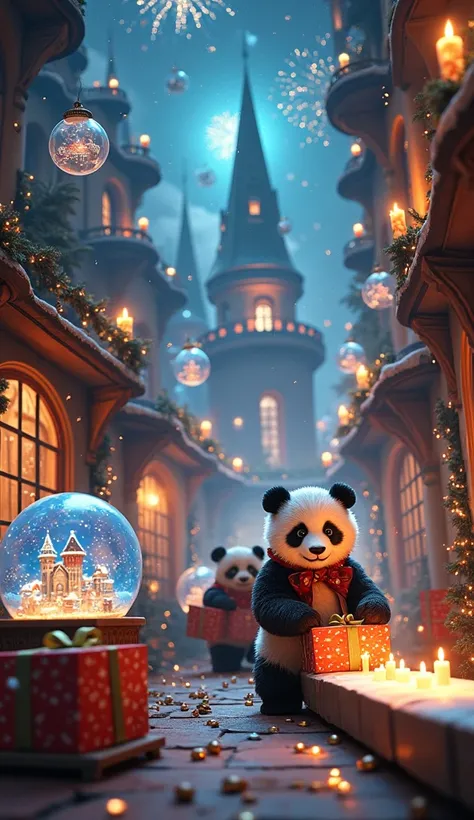     Inside a towering castle that doubles as a magical toy factory, baby pandas roll colorful gift-wrapped presents across glowing conveyor belts. The castle’s ceiling sparkles with enchanted fireworks, while candy-colored gears spin, weaving golden thread...