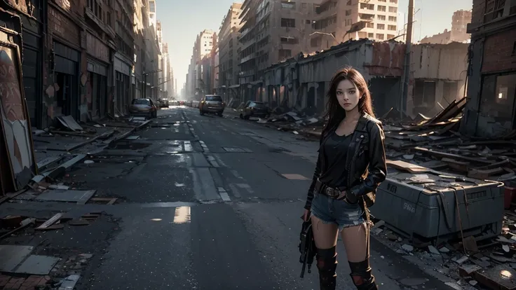 masterpiece, high res,8K,(Portrait Photos:1.5),(R Original Photo),Reality,Digital Photography,(Apocalyptic ruins ),City ruins，beautiful 20 year old woman，sentry， post-apocalyptic scene，Close-range photography， broken clothes