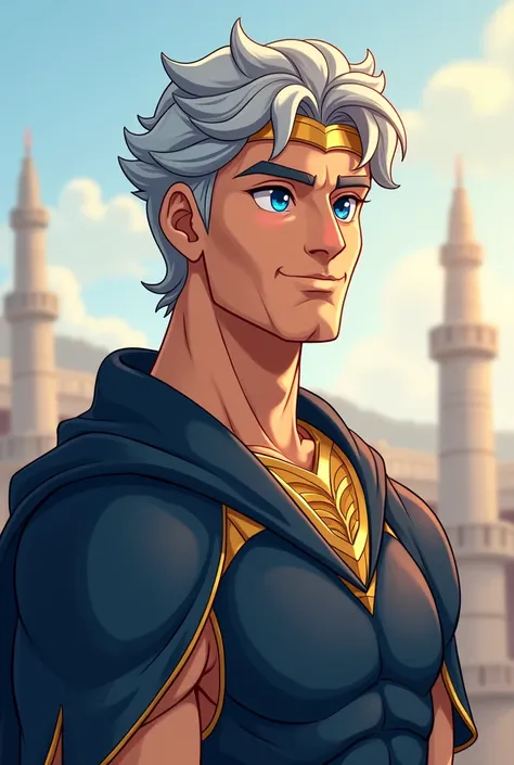  creates a cartoon image of the following character :  The Guardian of Equality is tall and imposing ,  with short, silver hair that shines in the sunlight . Your skin is fair,  and its eyes are deep blue ,  that convey wisdom and serenity . He wears a dar...