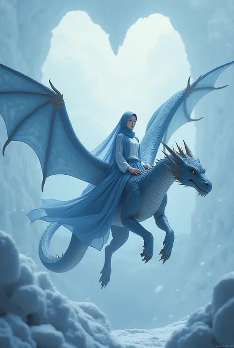 Beautiful realistic Korean young woman, pure white face, blue hijab, white shirt, long blue coat, riding a huge dragon with huge white wings floating in the air in the middle of a snow storm, background view from the top of an iceberg and a lake shaped lik...