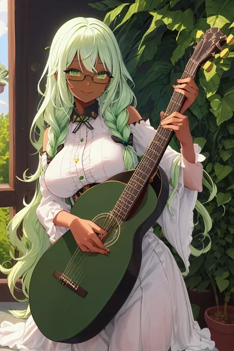 Dark-skinned girl,magical girl ,  green eyes,  green hair,  long wavy hairstyle, innocent smile abrazando a otra chica Piel oscura,  white hair, sexy body,  big breasts,  playing traditional guitar,  long braided hairstyle , sexy wicked look , with glasses...