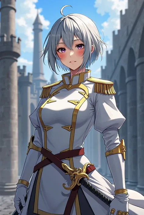  The protagonist has short silver hair ,  with slightly disordered threads ,  giving her a youthful appearance , but determined and firm .  Her eyes are clear and penetrating blue ,  reflecting a calculated calm , but also an unshakable confidence. She wea...