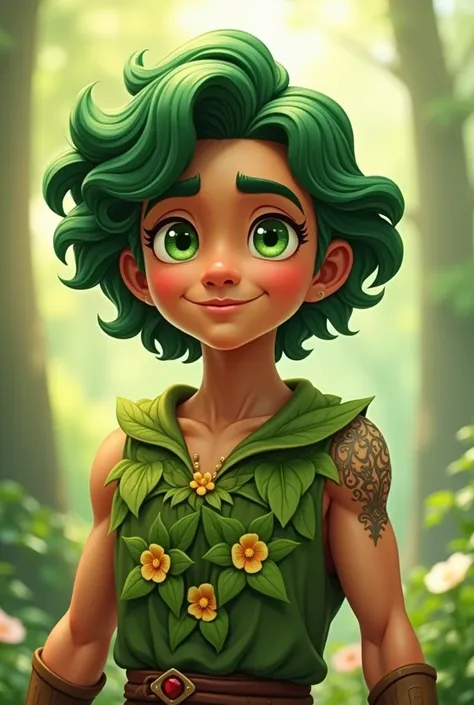  creates a cartoon image of the following character :  The Guardian of Life is a welcoming figure ,  with green and wavy hair ,  recalling nature and the harmony of the natural world .  His skin has a soft shade of brown ,  como a Terra ,  and his eyes are...