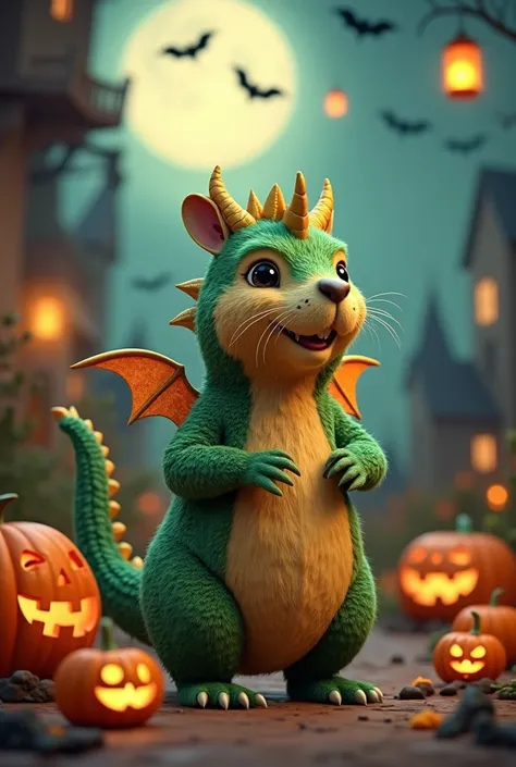 "Create a whimsical and endearing depiction of a capybara dressed in a detailed Halloween costume of a dragon. The costume includes a vibrant green, scaly bodysuit with tiny golden wings on its back, a long, playful tail with a spiked tip, and a headpiece ...