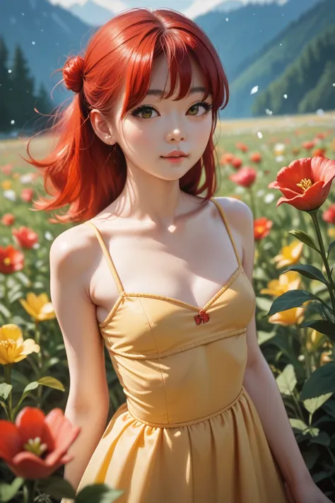 A  girl, petite, Asian, Korean and slim., with red hair and very small breasts, It is located in a tulip field,  while wearing a cute yellow dress, soft snow-white skin ,  showing her marked collarbones and ribs 