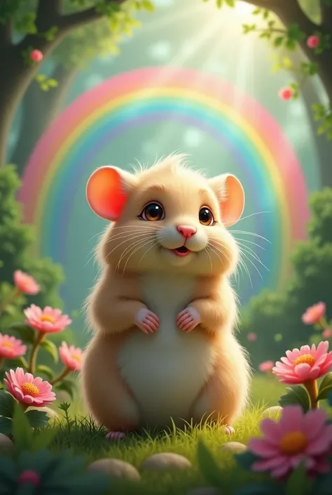 Draw me a Syrian hamster with long ash-blond hair, a little tail and a cute little face in a magical forest with rainbows 