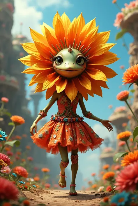 A flower walking in a costume war 