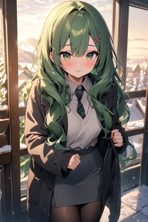 Long grain wavy hair, (Green Hair:1.2), X Hair Ornament, Green eyes,tie, girl,One person, wearing a jacket, Gray  skirt, Black tights ,Highest quality, masterpiece, High resolution, winter, morning