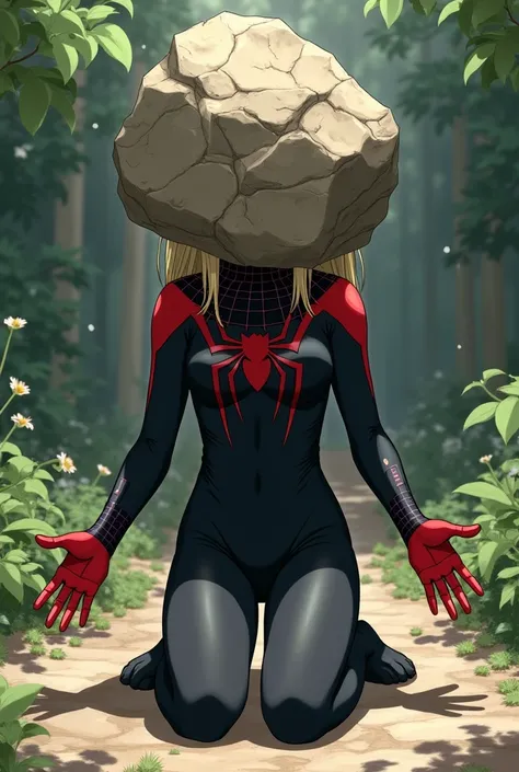 girl, anime, gwen stacy, adolescent, Dressed as Spiderwoman in black,  a big rock replaces his head , kneeling, with outstretched hands , The big rock completely replaces his head,  her head is not visible because the Graden rock completely replaces her, t...