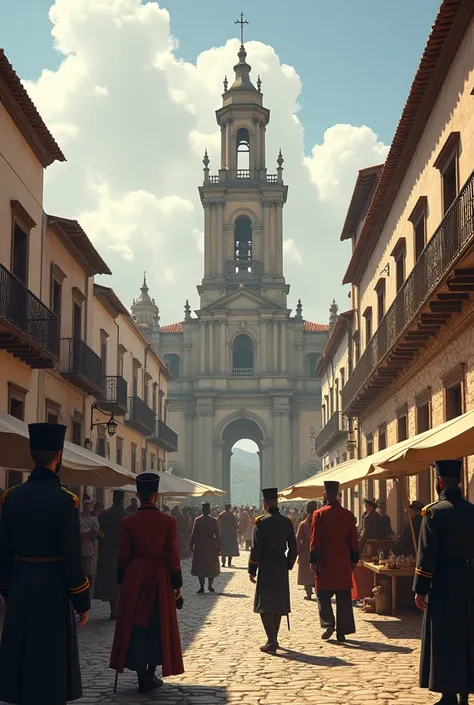  A colonial city in Latin America during the period of the Spanish government. in the center,  a main square surrounded by buildings with colonial architecture , a church with a tall bell tower.  Men in formal costumes from the 18th century ,  as military ...