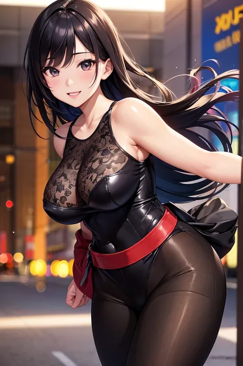 a Japanese woman in her 20s with large breasts and hips, extremely detailed face, busty, looking directly at the camera, smiling and showing teeth, wearing fashionable clothes, walking in a city, full body shot, (best quality,4k,8k,highres,masterpiece:1.2)...