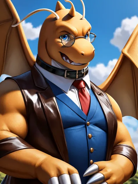 Solo, close up, Male, fat, extremely obese, gentleman, dapper Professor Dragonite, blue eyes, wearing a top hat, wearing a glossy leather collar, wearing the leather collar and necktie at the same time, (posing:1.3), (soft shading), 4k, hi res, ((detailed ...