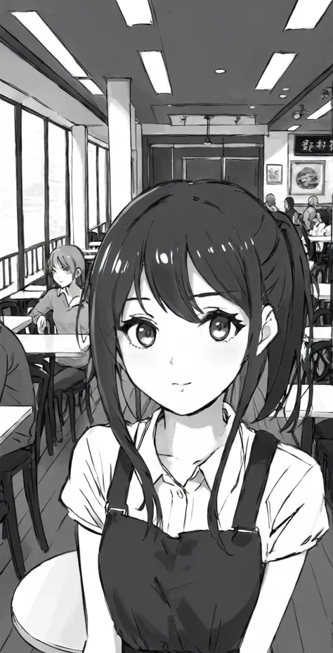 manga style black and white ,  a girl stops in the middle of the restaurant