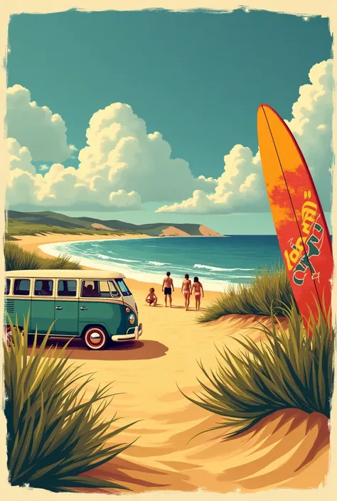 Superb Vintage poster representing Landes and BISCARROSSE. Pin, beach, dune, van, surf