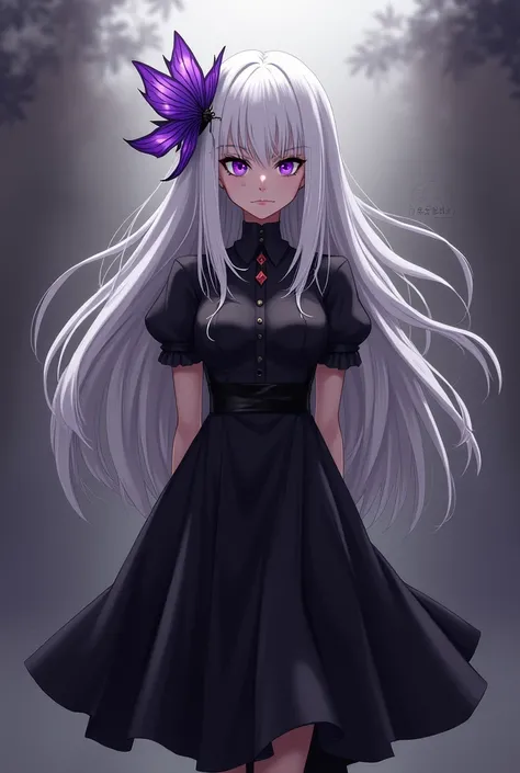   from a pretty white-haired anime with purple eyes ,  is a purple butterfly ornament in her hair  , with a very irritated and angry and very angry face , with a scar on his nose , Tall and wearing a black dress 