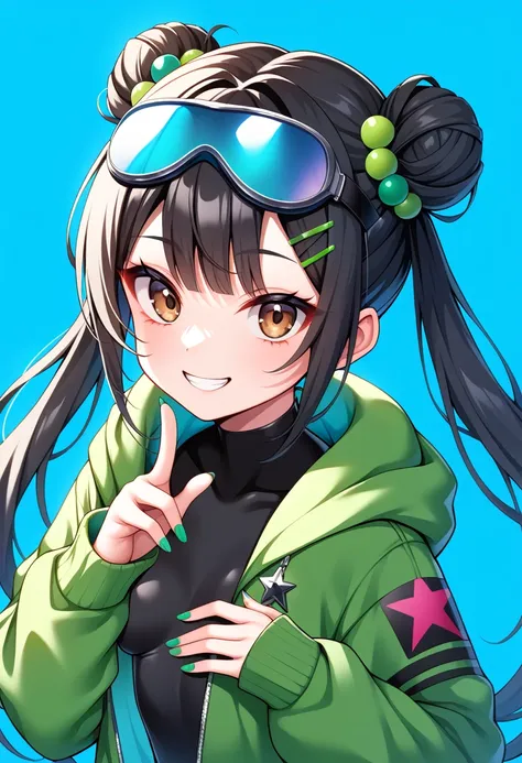 ((masterpiece)), ((best quality)), ((Details)), {{{{{secret two-tone hair}}}}}, 1girl, bangs, black hair, black nails, double bun, eyebrows visible through hair, eyewear on head, goggles, goggles on head, goggles on headwear, blue background, brown eyes, g...