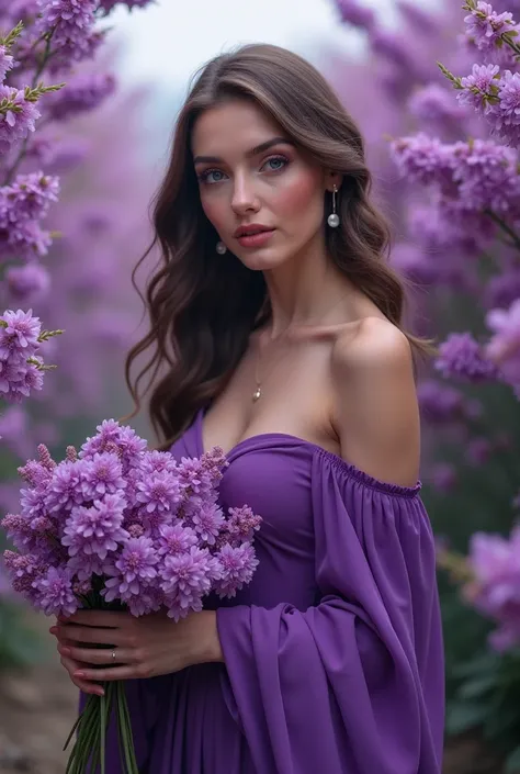 create a woman, beautiful, elegant with a bouquet of flowers in the hand in the color purple, with clothes in the color purple ,  in a beautiful flower garden in the color purple  