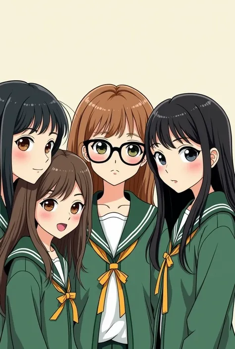  create a cartoon , unpainted, that is to say,  in black and white .  image for a book cover with a title "5 stories from class 5A ". There are 5  girls ,  with green school abuse ,  lenses all with brown and black hair.  Only one wears glasses wears .
