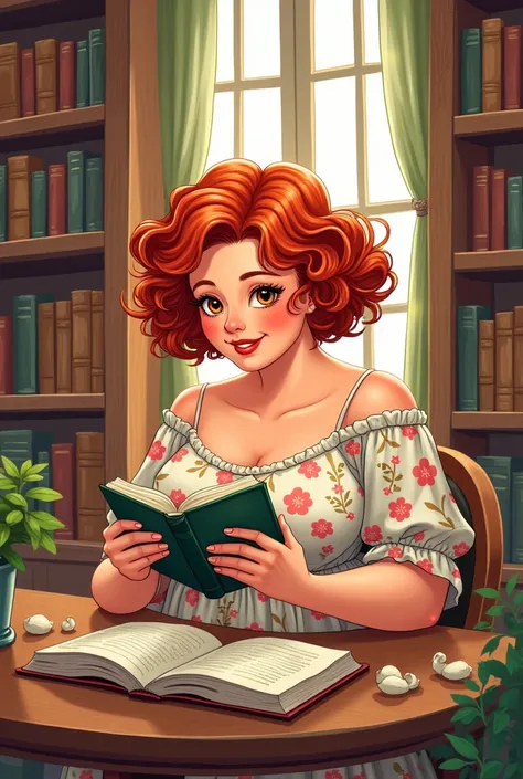 Sticker illustration of a fat white woman with short curly red hair with honey eyes reading in a library 