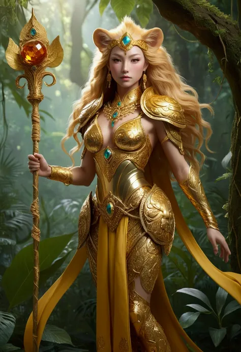 " A dazzling hybrid creature that combines the dexterity of a warrior woman with the vibrant grace of a golden lion myco-. Your figure is slender, but muscular ,  with agile arms and legs covered by a thin layer of shimmering golden hair .  Her face displa...