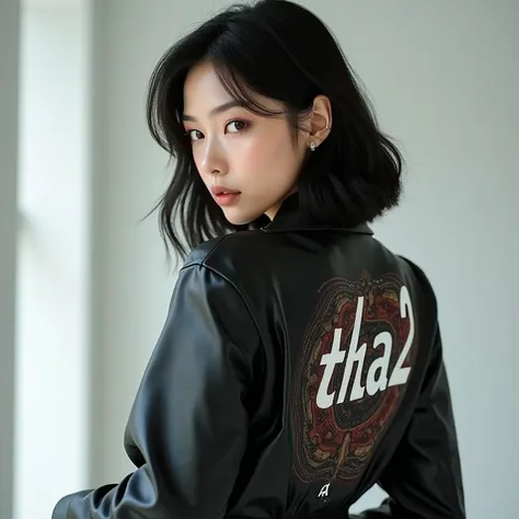 Beautiful sexy korean girl wearing a leather shirt. On the back of the shirt it says tha2