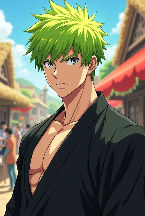 anime character, bright lime green hair, short hair, low fade hair cut, wavy spikes. serious looking face, grey eyes, lightskin, village party background muscular teen, shirtless, black gi, bulky