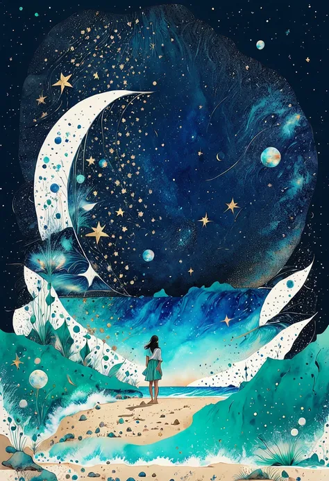 Girl illustration、 shot from behind、Standing there in shock、( small drawing of a girl :1.4)、 full of stars、Little meteors 、Watercolor style、 waves crashing on the beach 、White shells、 emerald blue ocean background、  best quality 、  ultra high resolution、Go...