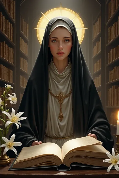 A detailed illustration of Saint Brigid, depicted as a woman wearing a medieval religious habit in black and white tones. She has a calm and spiritual expression, with a subtle golden halo around her head. Symbolic elements such as an open book, lilies (re...