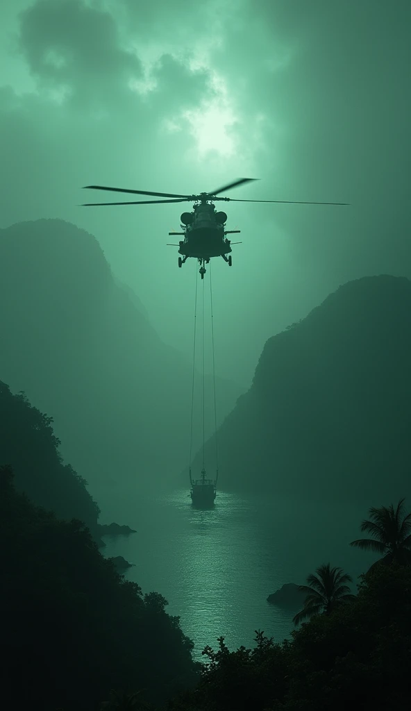 "A military helicopter flying over an area of the Caribbean as the ghostly Flying Dutchman vanishes on the horizon amidst dark mists and greenery surrounded by thick fog and eerily calm waters,  vertical aspect 9 :16."