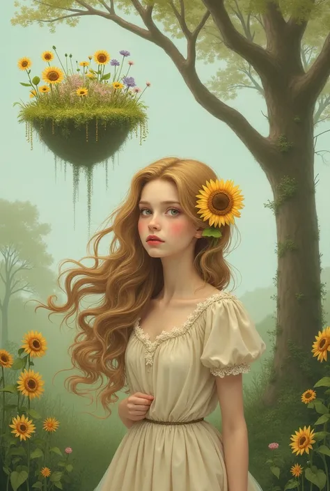  A wavy haired woman with a.mini. sunflower clutching her hair .  She stands next to a .garden.Floating and a tree  