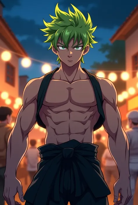 anime character, bright lime green hair, short hair, low fade hair cut, wavy spikes. serious looking face, white eyes, lightskin, village night party background muscular teen, shirtless, black gi, bulky, one piece 