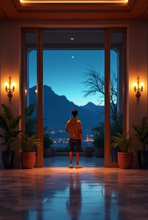 Recreate an image where a person is staying at a hotel somewhere in Chile at night