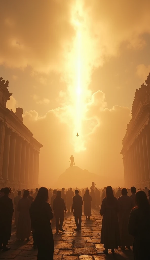 The empty sky where two men had just ascended, with the golden light fading into the clouds. Below, the crowd is stunned, some staring upward while others fall to their knees. The ruined plaza is bathed in soft, glowing light. Wide-angle, contemplative cin...